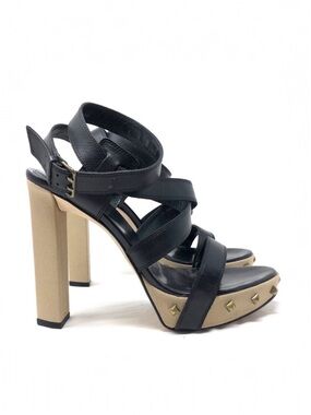 SERGIO ROSSI black leather & fabric, ankle wrap sandals, size 39, made in Italy